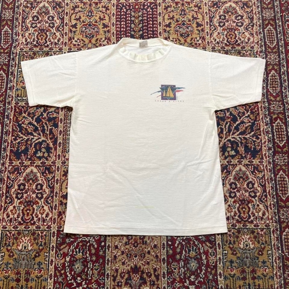 VTG 90s Cal Cru Coeur D'Alene sailboat‎ ribbed textured tee shirt L USA white